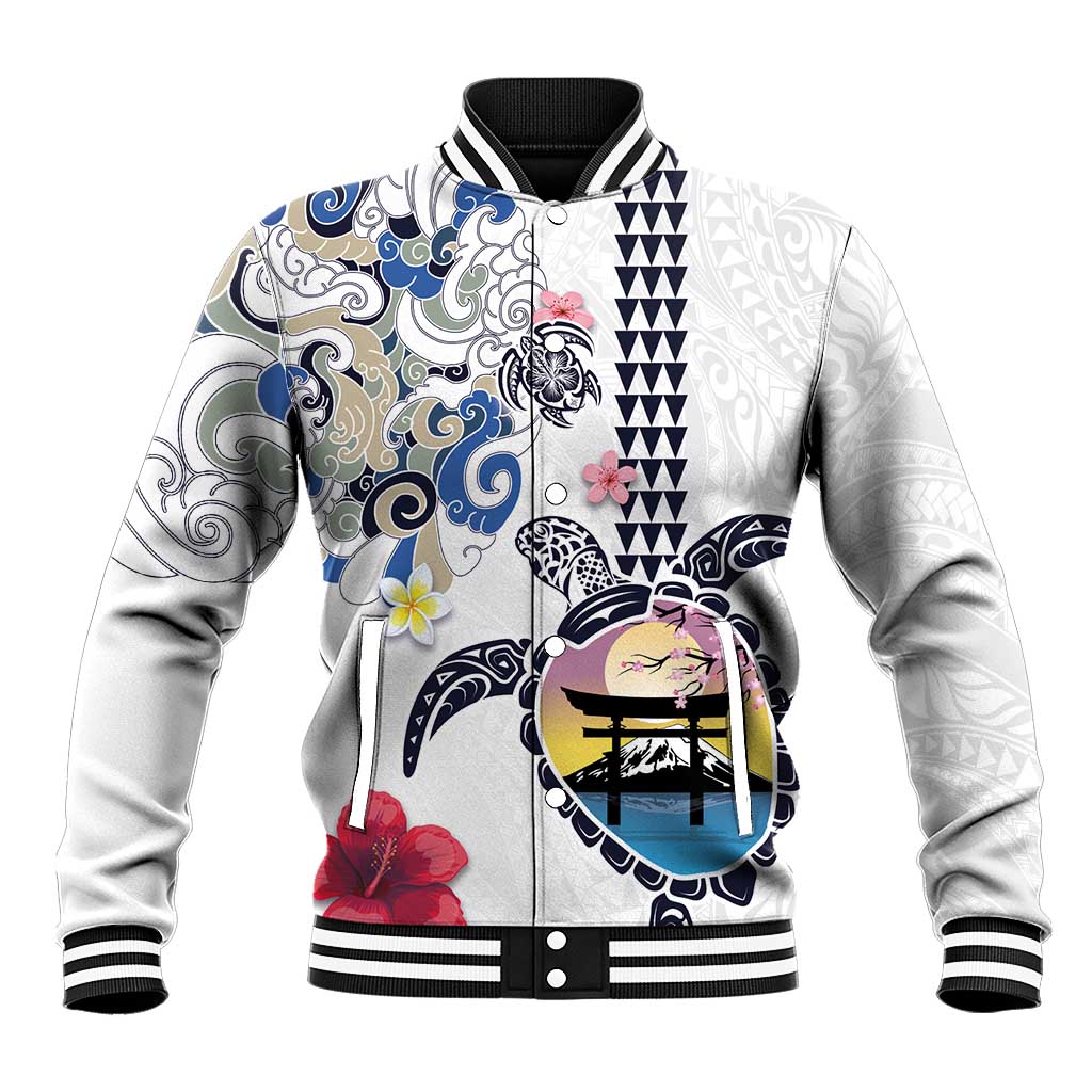 Hawaiian and Japanese Together Baseball Jacket Japanese Culture and Turtle Kakau Tattoo White Color LT03 Unisex White - Polynesian Pride