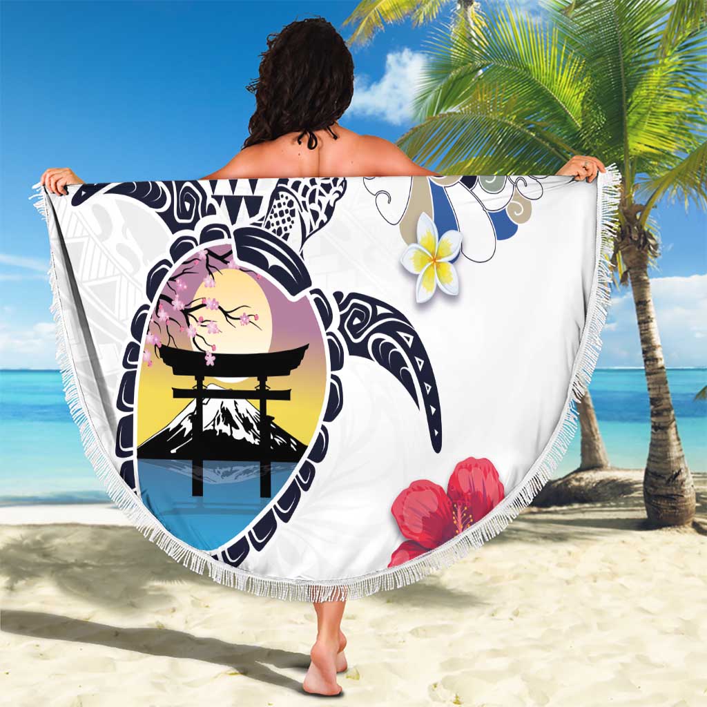 Hawaiian and Japanese Together Beach Blanket Japanese Culture and Turtle Kakau Tattoo White Color LT03 - Polynesian Pride