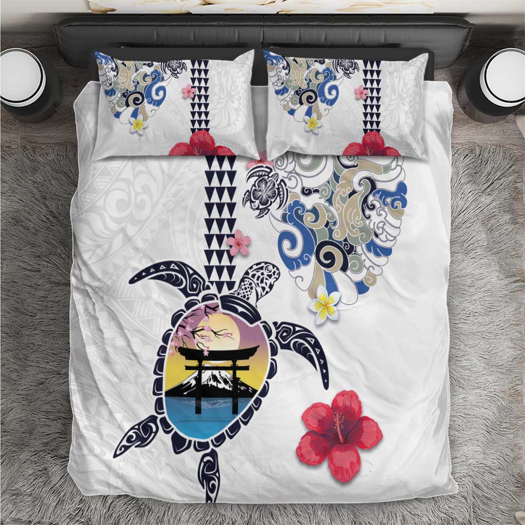 Hawaiian and Japanese Together Bedding Set Japanese Culture and Turtle Kakau Tattoo White Color LT03 White - Polynesian Pride
