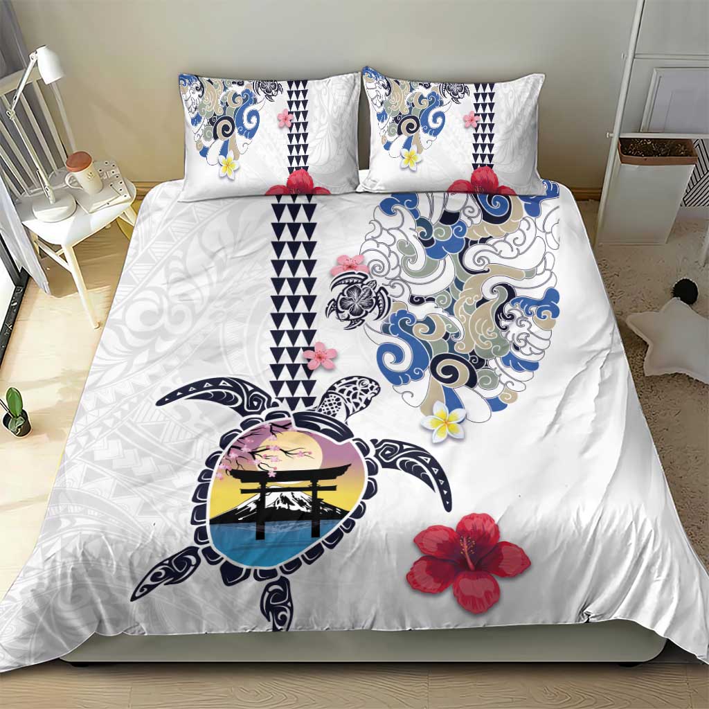 Hawaiian and Japanese Together Bedding Set Japanese Culture and Turtle Kakau Tattoo White Color LT03 - Polynesian Pride