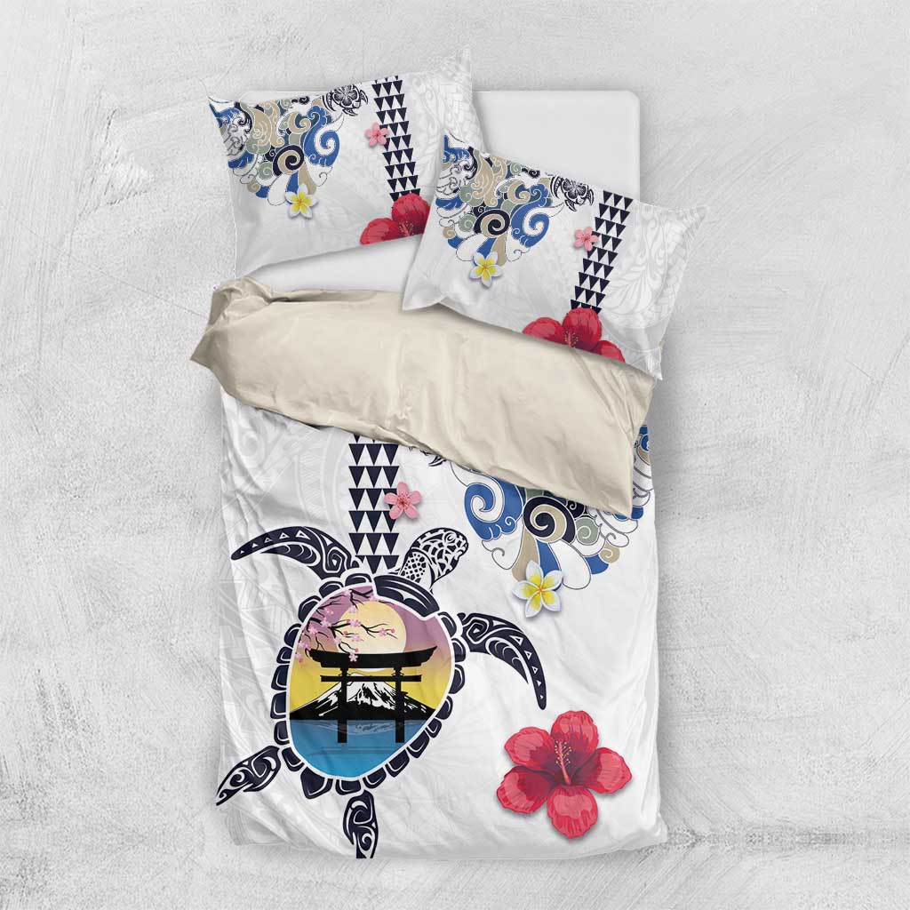 Hawaiian and Japanese Together Bedding Set Japanese Culture and Turtle Kakau Tattoo White Color LT03 US Twin 172cm x 218cm White - Polynesian Pride