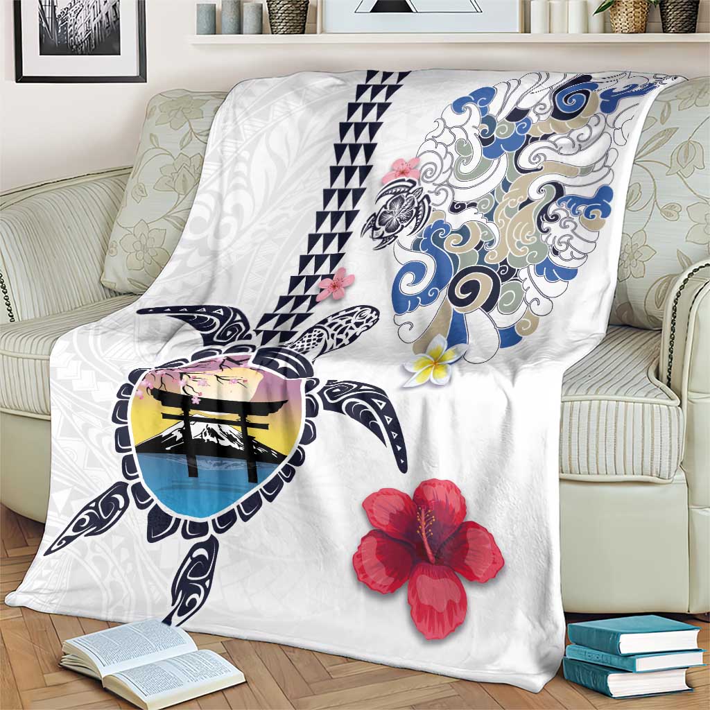 Hawaiian and Japanese Together Blanket Japanese Culture and Turtle Kakau Tattoo White Color LT03 - Polynesian Pride