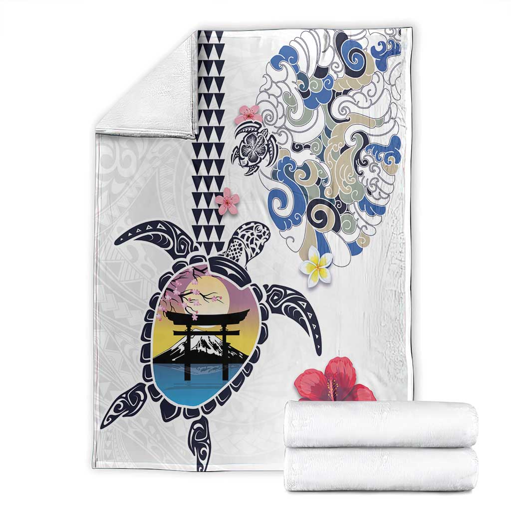 Hawaiian and Japanese Together Blanket Japanese Culture and Turtle Kakau Tattoo White Color LT03 - Polynesian Pride
