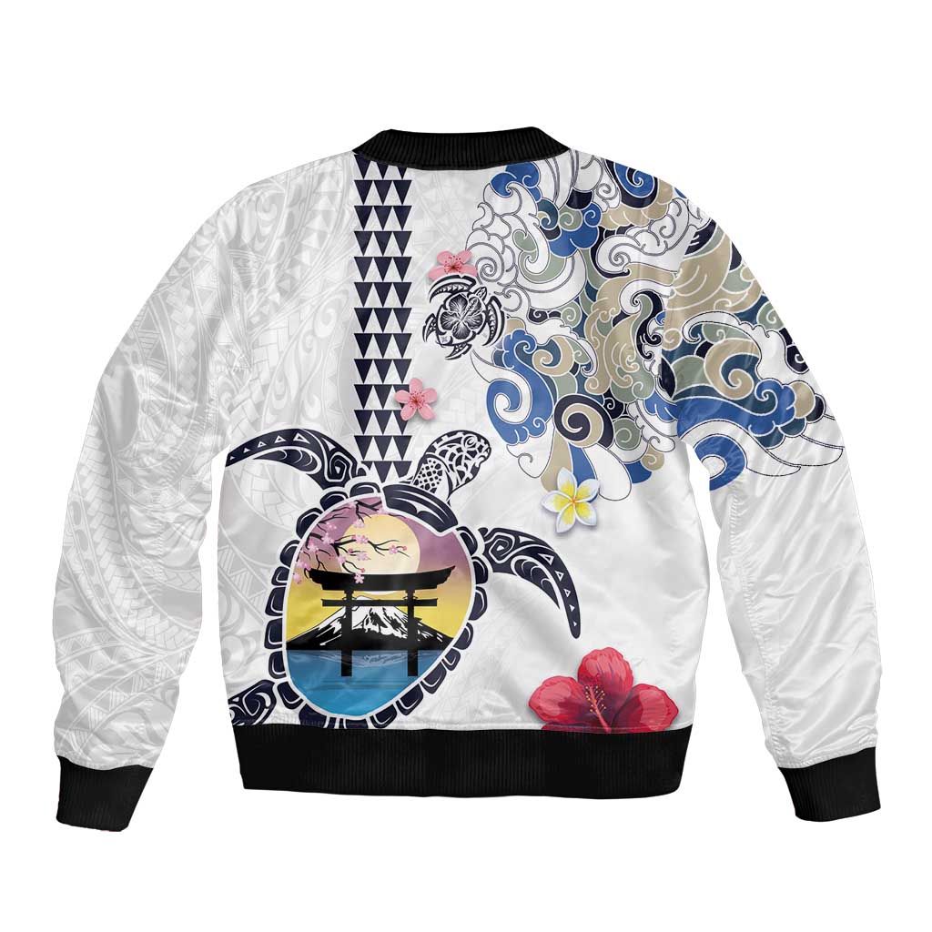 Hawaiian and Japanese Together Bomber Jacket Japanese Culture and Turtle Kakau Tattoo White Color LT03 - Polynesian Pride