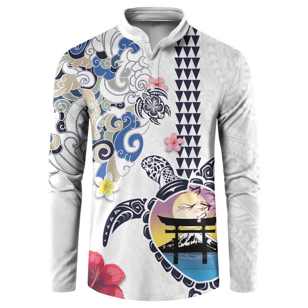 Hawaiian and Japanese Together Button Sweatshirt Japanese Culture and Turtle Kakau Tattoo White Color LT03 White - Polynesian Pride