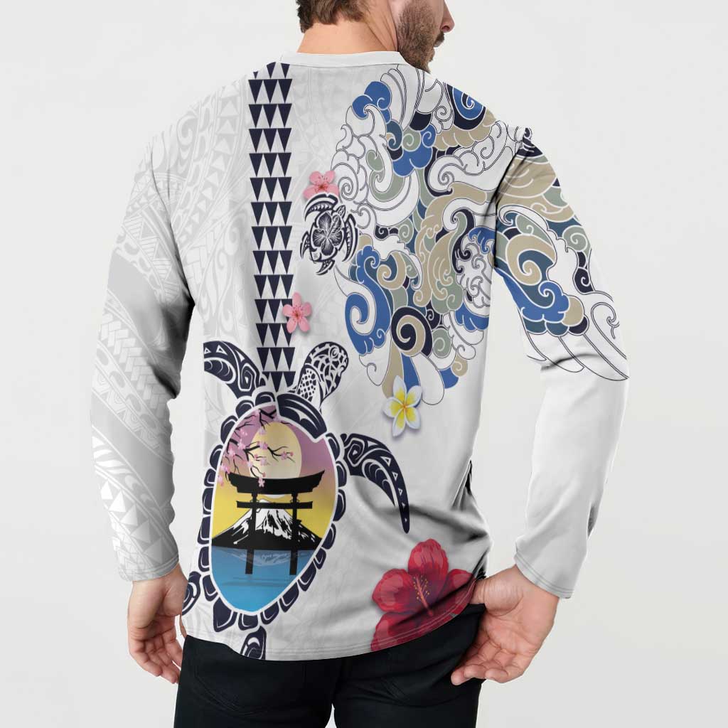Hawaiian and Japanese Together Button Sweatshirt Japanese Culture and Turtle Kakau Tattoo White Color LT03 - Polynesian Pride