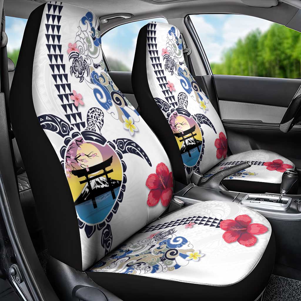 Hawaiian and Japanese Together Car Seat Cover Japanese Culture and Turtle Kakau Tattoo White Color LT03 - Polynesian Pride