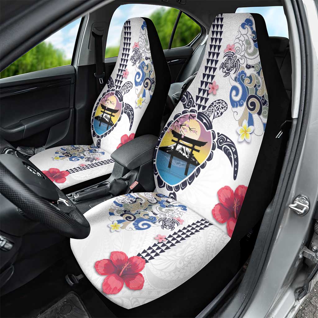 Hawaiian and Japanese Together Car Seat Cover Japanese Culture and Turtle Kakau Tattoo White Color LT03 - Polynesian Pride
