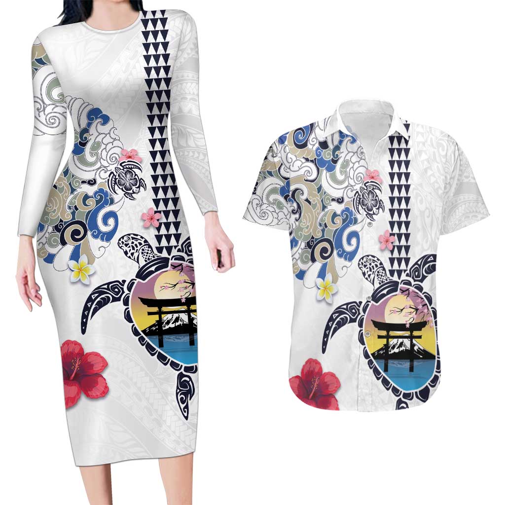 Hawaiian and Japanese Together Couples Matching Long Sleeve Bodycon Dress and Hawaiian Shirt Japanese Culture and Turtle Kakau Tattoo White Color LT03 White - Polynesian Pride