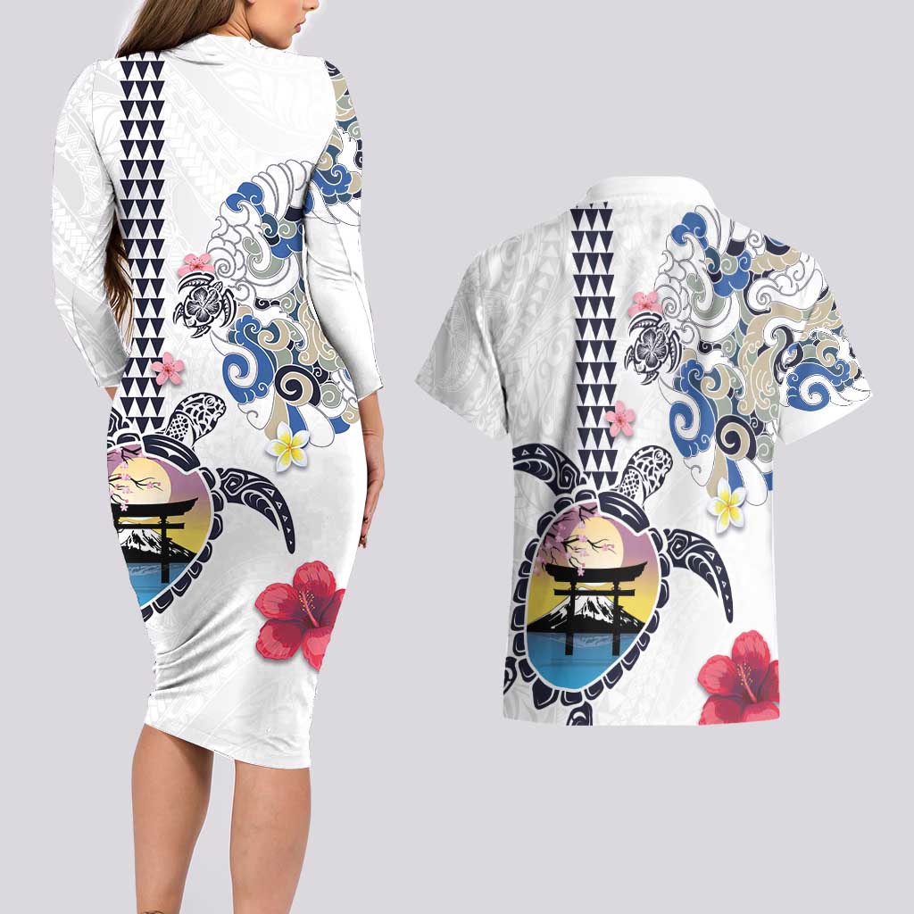 Hawaiian and Japanese Together Couples Matching Long Sleeve Bodycon Dress and Hawaiian Shirt Japanese Culture and Turtle Kakau Tattoo White Color LT03 - Polynesian Pride