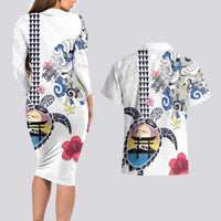 Hawaiian and Japanese Together Couples Matching Long Sleeve Bodycon Dress and Hawaiian Shirt Japanese Culture and Turtle Kakau Tattoo White Color LT03 - Polynesian Pride