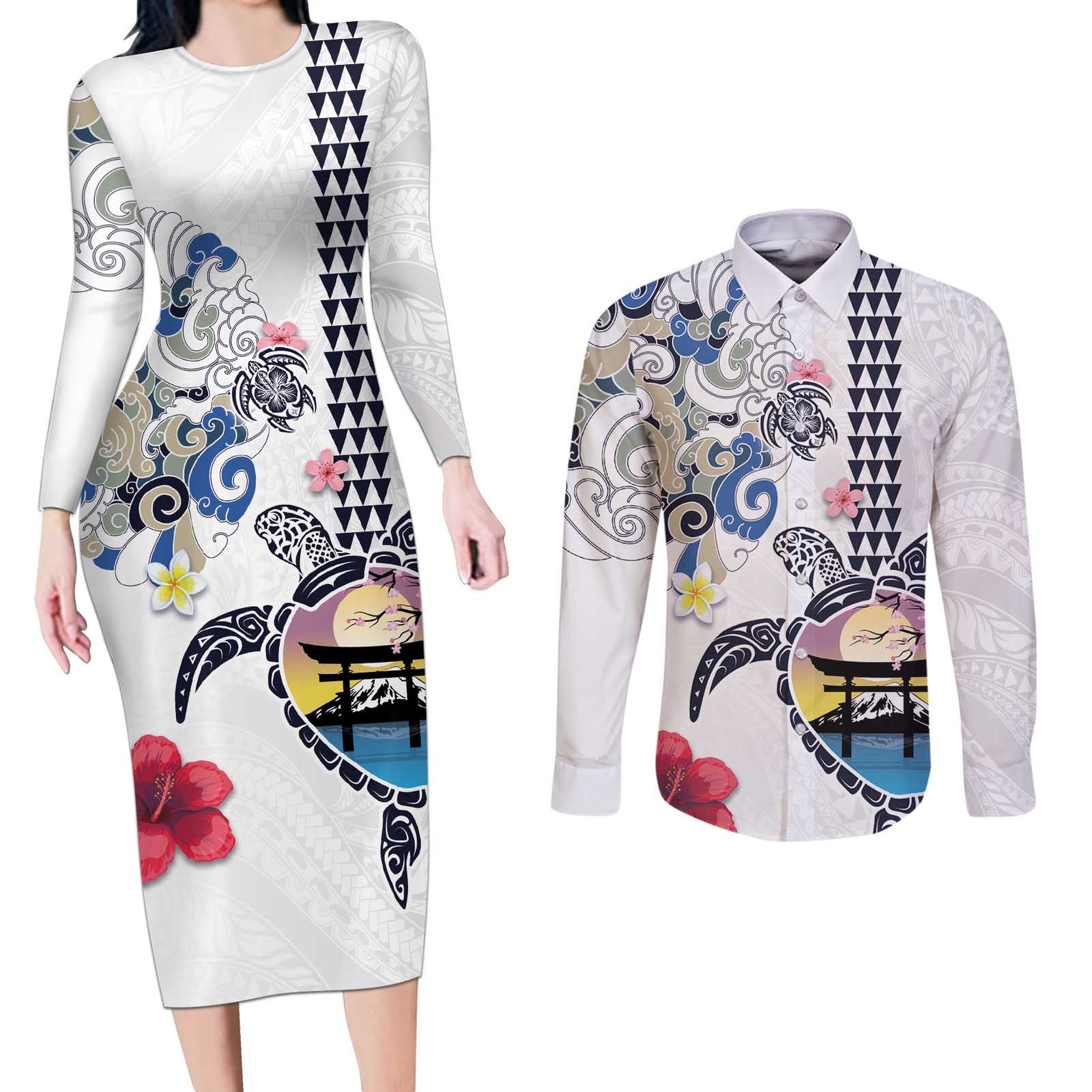 Hawaiian and Japanese Together Couples Matching Long Sleeve Bodycon Dress and Long Sleeve Button Shirt Japanese Culture and Turtle Kakau Tattoo White Color
