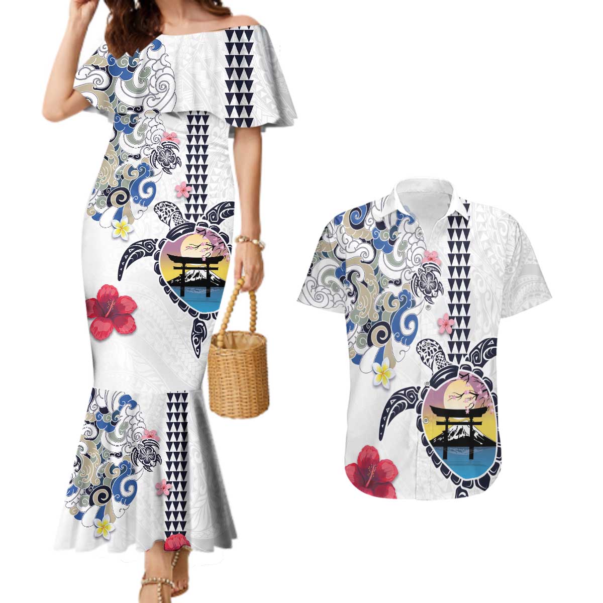 Hawaiian and Japanese Together Couples Matching Mermaid Dress and Hawaiian Shirt Japanese Culture and Turtle Kakau Tattoo White Color LT03 White - Polynesian Pride