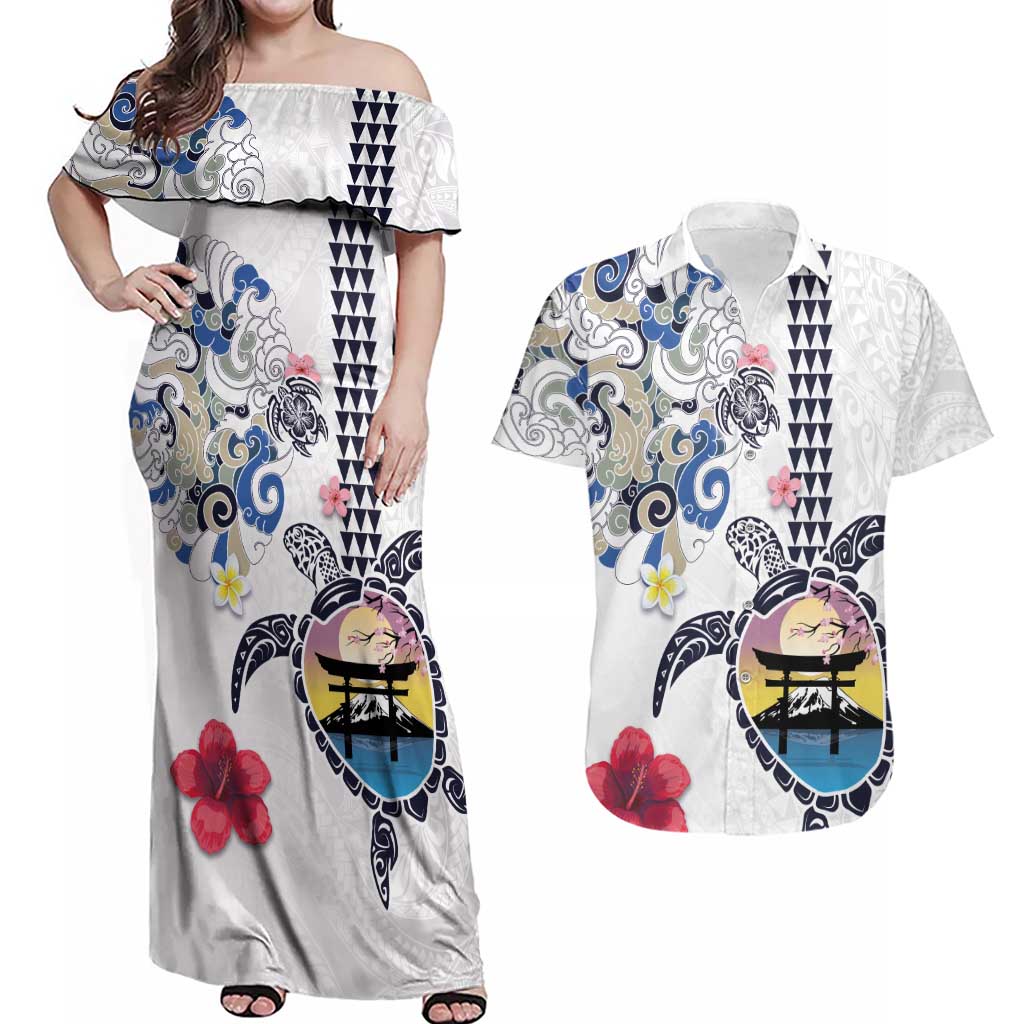 Hawaiian and Japanese Together Couples Matching Off Shoulder Maxi Dress and Hawaiian Shirt Japanese Culture and Turtle Kakau Tattoo White Color LT03 White - Polynesian Pride
