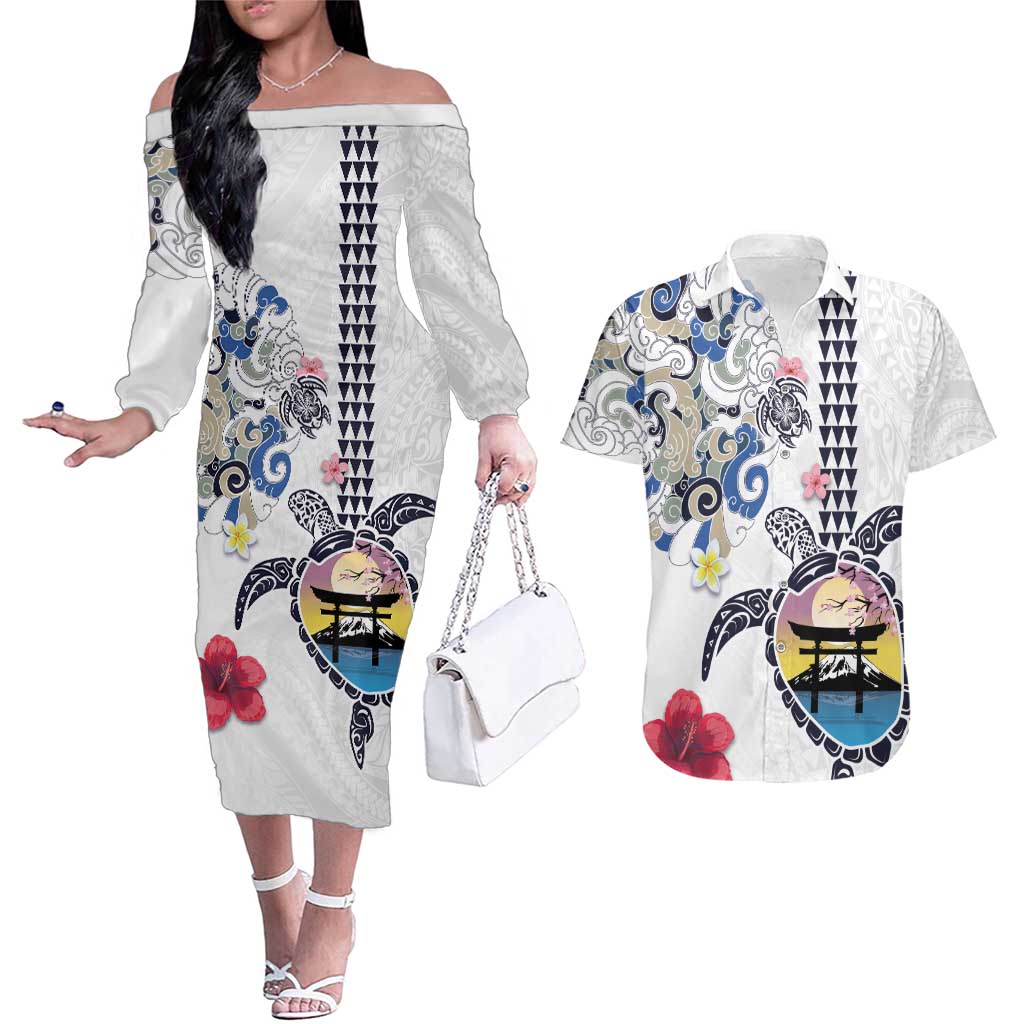Hawaiian and Japanese Together Couples Matching Off The Shoulder Long Sleeve Dress and Hawaiian Shirt Japanese Culture and Turtle Kakau Tattoo White Color