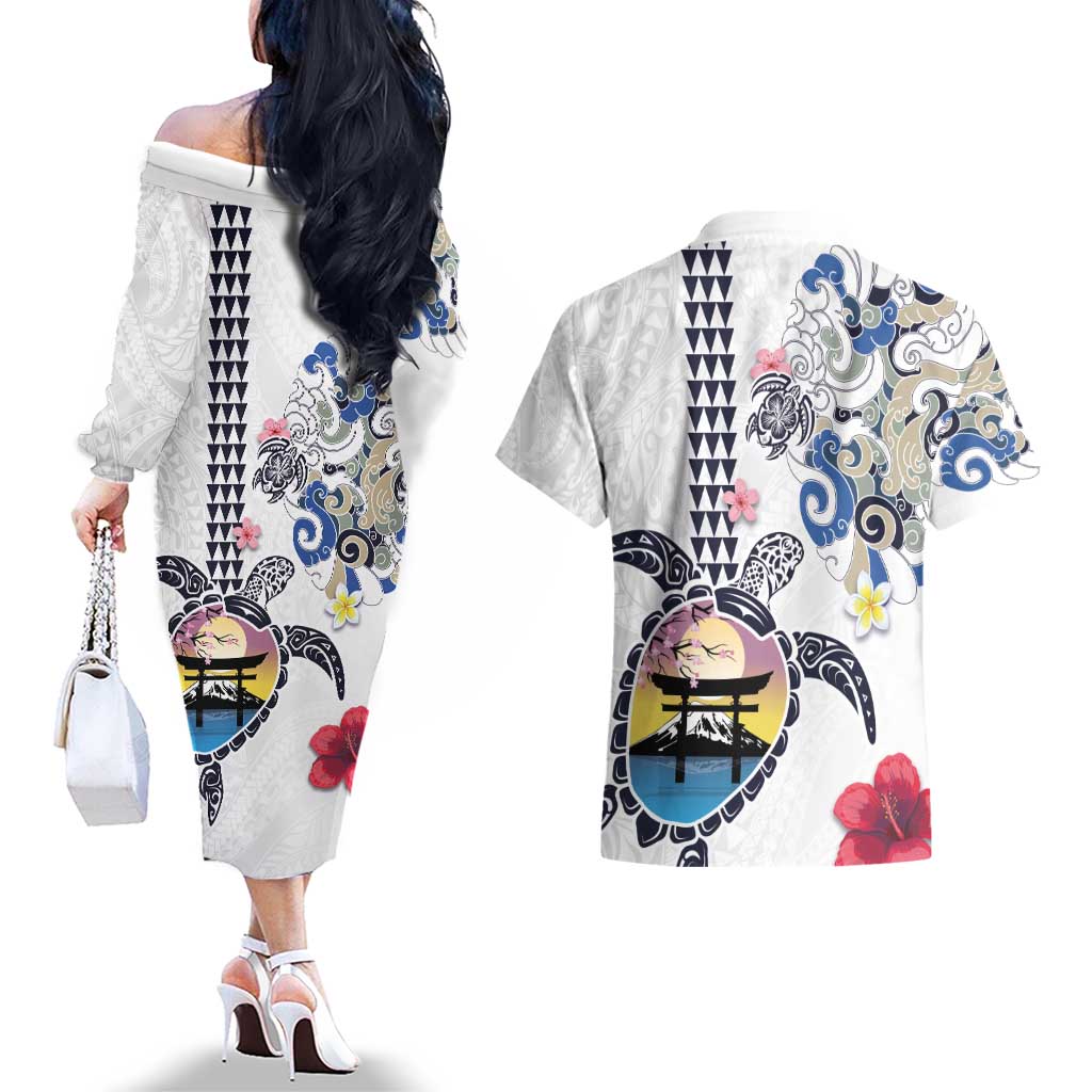 Hawaiian and Japanese Together Couples Matching Off The Shoulder Long Sleeve Dress and Hawaiian Shirt Japanese Culture and Turtle Kakau Tattoo White Color