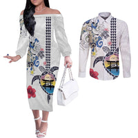 Hawaiian and Japanese Together Couples Matching Off The Shoulder Long Sleeve Dress and Long Sleeve Button Shirt Japanese Culture and Turtle Kakau Tattoo White Color