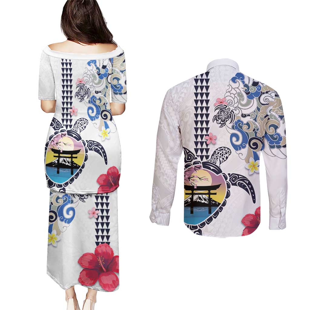 Hawaiian and Japanese Together Couples Matching Puletasi and Long Sleeve Button Shirt Japanese Culture and Turtle Kakau Tattoo White Color LT03 - Polynesian Pride