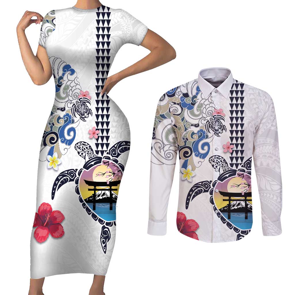Hawaiian and Japanese Together Couples Matching Short Sleeve Bodycon Dress and Long Sleeve Button Shirt Japanese Culture and Turtle Kakau Tattoo White Color
