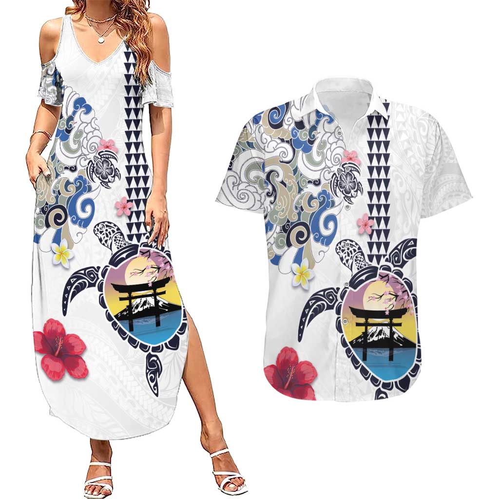 Hawaiian and Japanese Together Couples Matching Summer Maxi Dress and Hawaiian Shirt Japanese Culture and Turtle Kakau Tattoo White Color