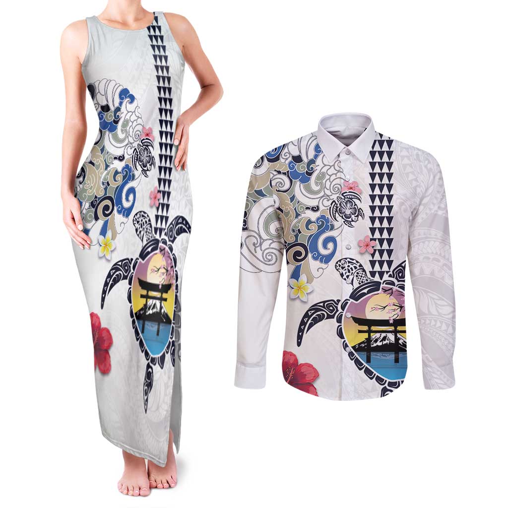 Hawaiian and Japanese Together Couples Matching Tank Maxi Dress and Long Sleeve Button Shirt Japanese Culture and Turtle Kakau Tattoo White Color
