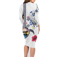 Hawaiian and Japanese Together Family Matching Long Sleeve Bodycon Dress and Hawaiian Shirt Japanese Culture and Turtle Kakau Tattoo White Color
