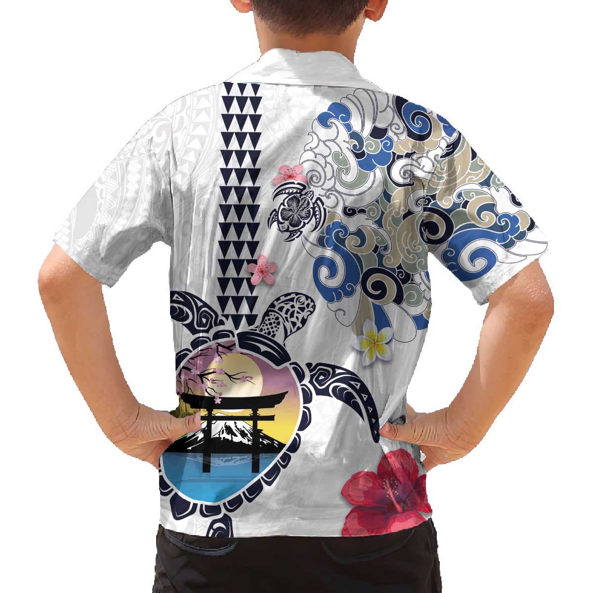 Hawaiian and Japanese Together Family Matching Off The Shoulder Long Sleeve Dress and Hawaiian Shirt Japanese Culture and Turtle Kakau Tattoo White Color