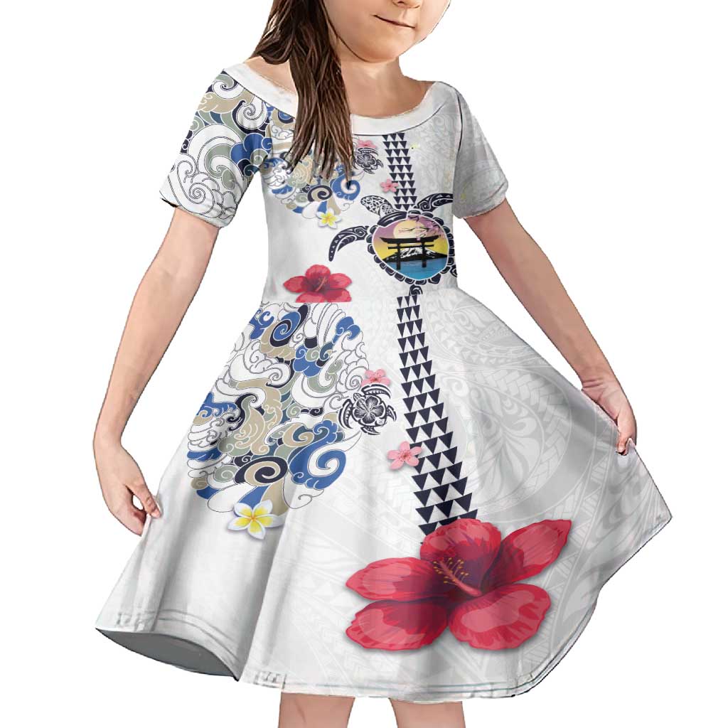 Hawaiian and Japanese Together Family Matching Off Shoulder Maxi Dress and Hawaiian Shirt Japanese Culture and Turtle Kakau Tattoo White Color LT03 Daughter's Dress White - Polynesian Pride