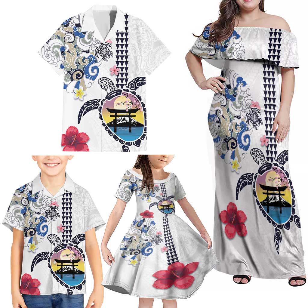 Hawaiian and Japanese Together Family Matching Off Shoulder Maxi Dress and Hawaiian Shirt Japanese Culture and Turtle Kakau Tattoo White Color LT03 - Polynesian Pride