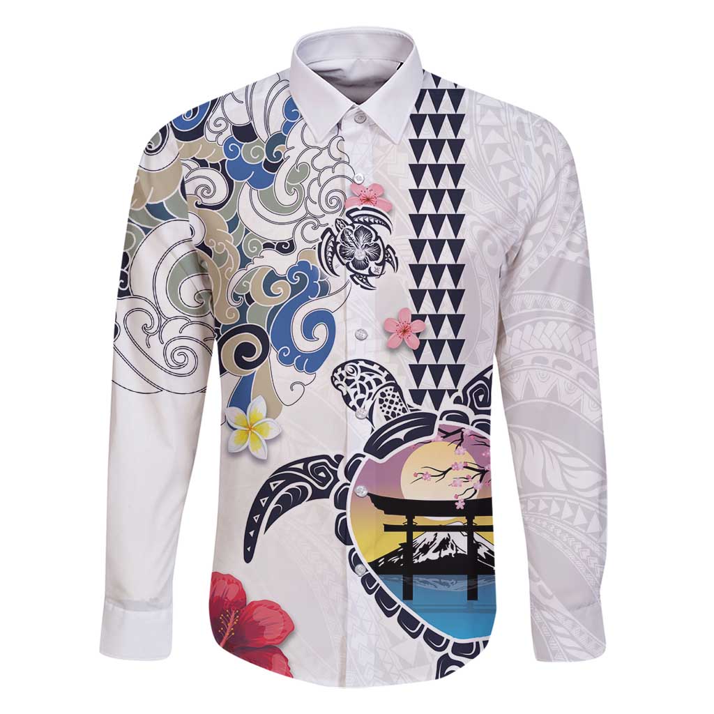 Hawaiian and Japanese Together Family Matching Off Shoulder Maxi Dress and Hawaiian Shirt Japanese Culture and Turtle Kakau Tattoo White Color LT03 Dad's Shirt - Long Sleeve White - Polynesian Pride