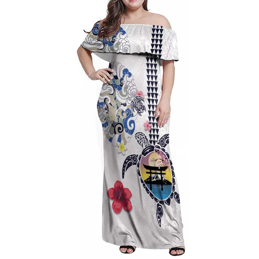 Hawaiian and Japanese Together Family Matching Off Shoulder Maxi Dress and Hawaiian Shirt Japanese Culture and Turtle Kakau Tattoo White Color LT03 Mom's Dress White - Polynesian Pride
