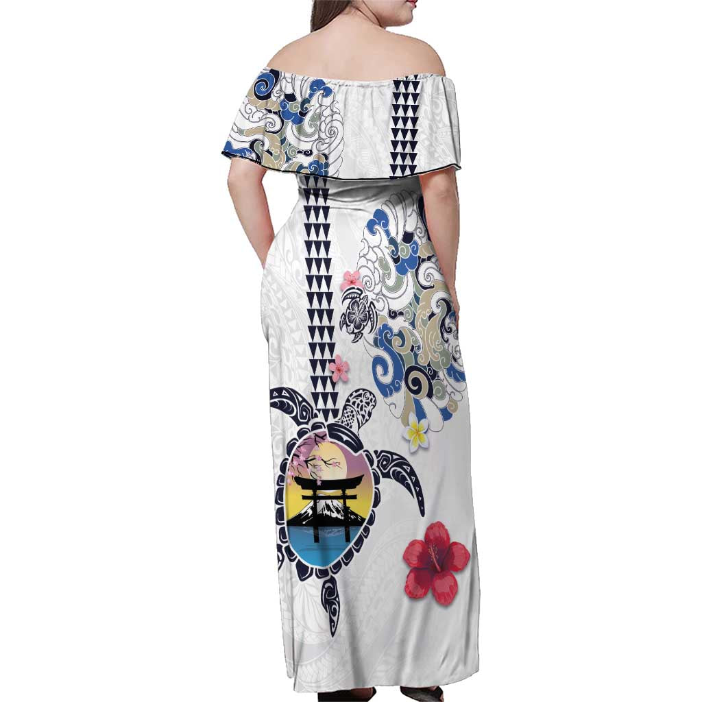 Hawaiian and Japanese Together Family Matching Off Shoulder Maxi Dress and Hawaiian Shirt Japanese Culture and Turtle Kakau Tattoo White Color LT03 - Polynesian Pride