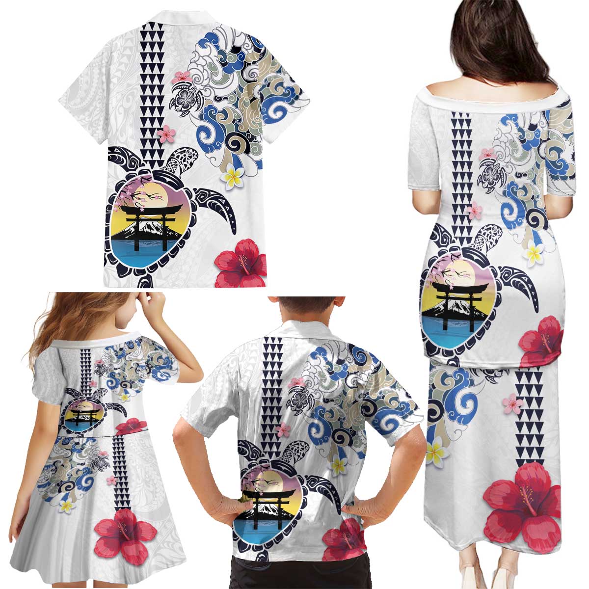 Hawaiian and Japanese Together Family Matching Puletasi and Hawaiian Shirt Japanese Culture and Turtle Kakau Tattoo White Color LT03 - Polynesian Pride