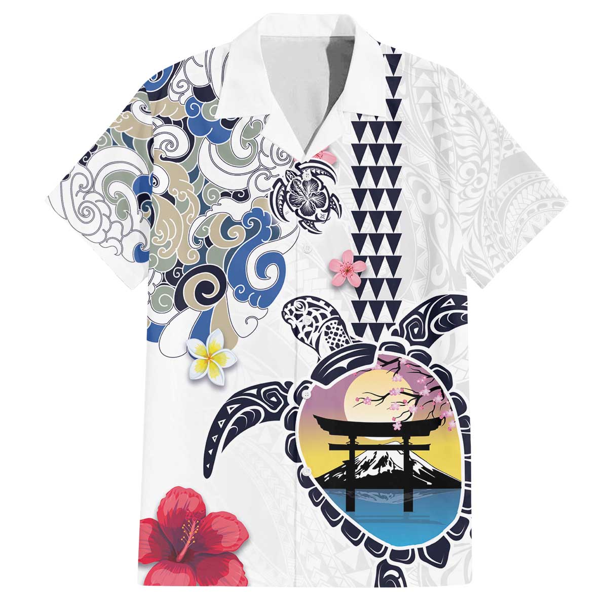 Hawaiian and Japanese Together Family Matching Puletasi and Hawaiian Shirt Japanese Culture and Turtle Kakau Tattoo White Color LT03 Dad's Shirt - Short Sleeve White - Polynesian Pride