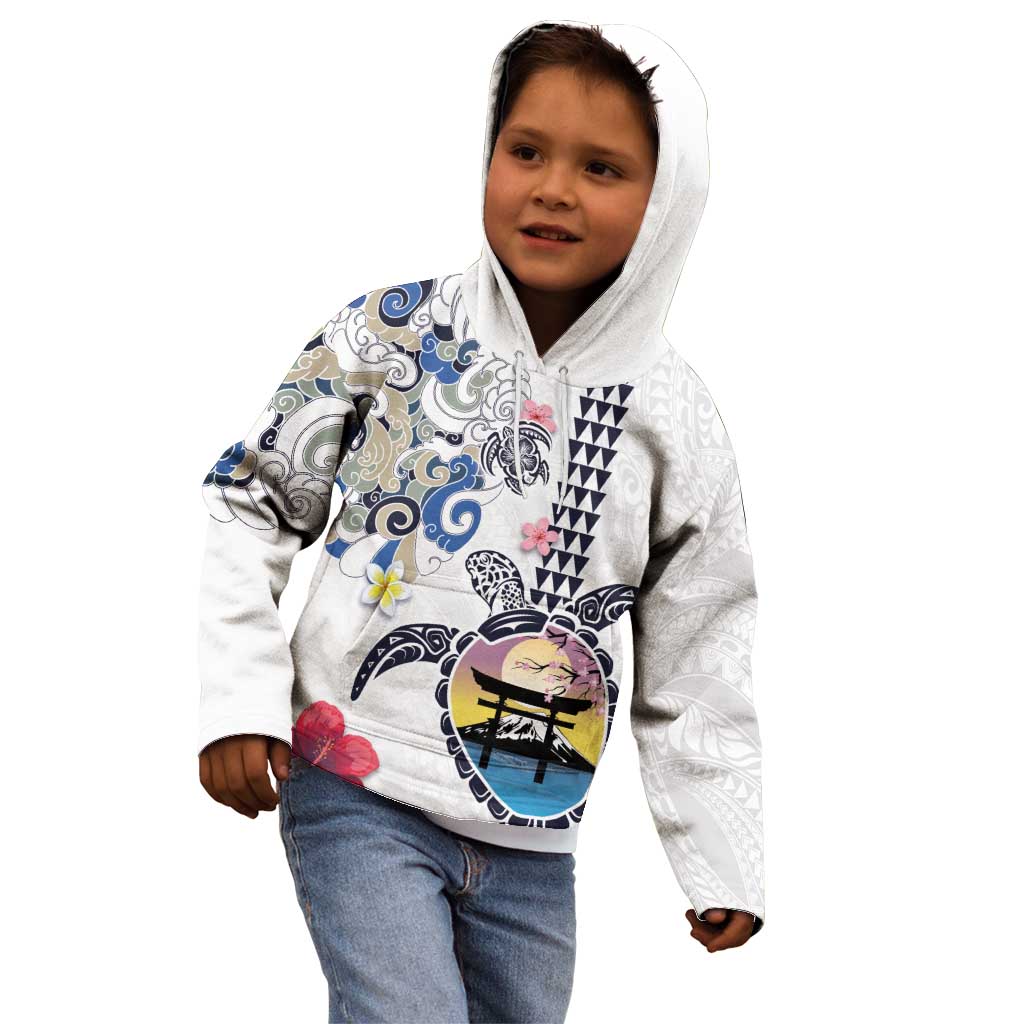 Hawaiian and Japanese Together Kid Hoodie Japanese Culture and Turtle Kakau Tattoo White Color LT03 - Polynesian Pride