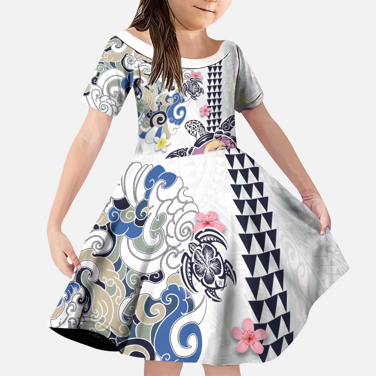 Hawaiian and Japanese Together Kid Short Sleeve Dress Japanese Culture and Turtle Kakau Tattoo White Color LT03 KID White - Polynesian Pride