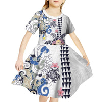 Hawaiian and Japanese Together Kid Short Sleeve Dress Japanese Culture and Turtle Kakau Tattoo White Color LT03 - Polynesian Pride
