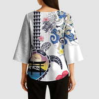 Hawaiian and Japanese Together Kimono Sleeve Blouse Japanese Culture and Turtle Kakau Tattoo White Color LT03 - Polynesian Pride