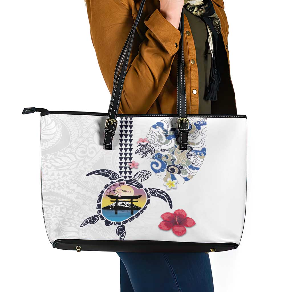 Hawaiian and Japanese Together Leather Tote Bag Japanese Culture and Turtle Kakau Tattoo White Color LT03 - Polynesian Pride