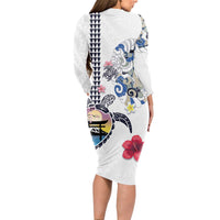 Hawaiian and Japanese Together Long Sleeve Bodycon Dress Japanese Culture and Turtle Kakau Tattoo White Color LT03 - Polynesian Pride