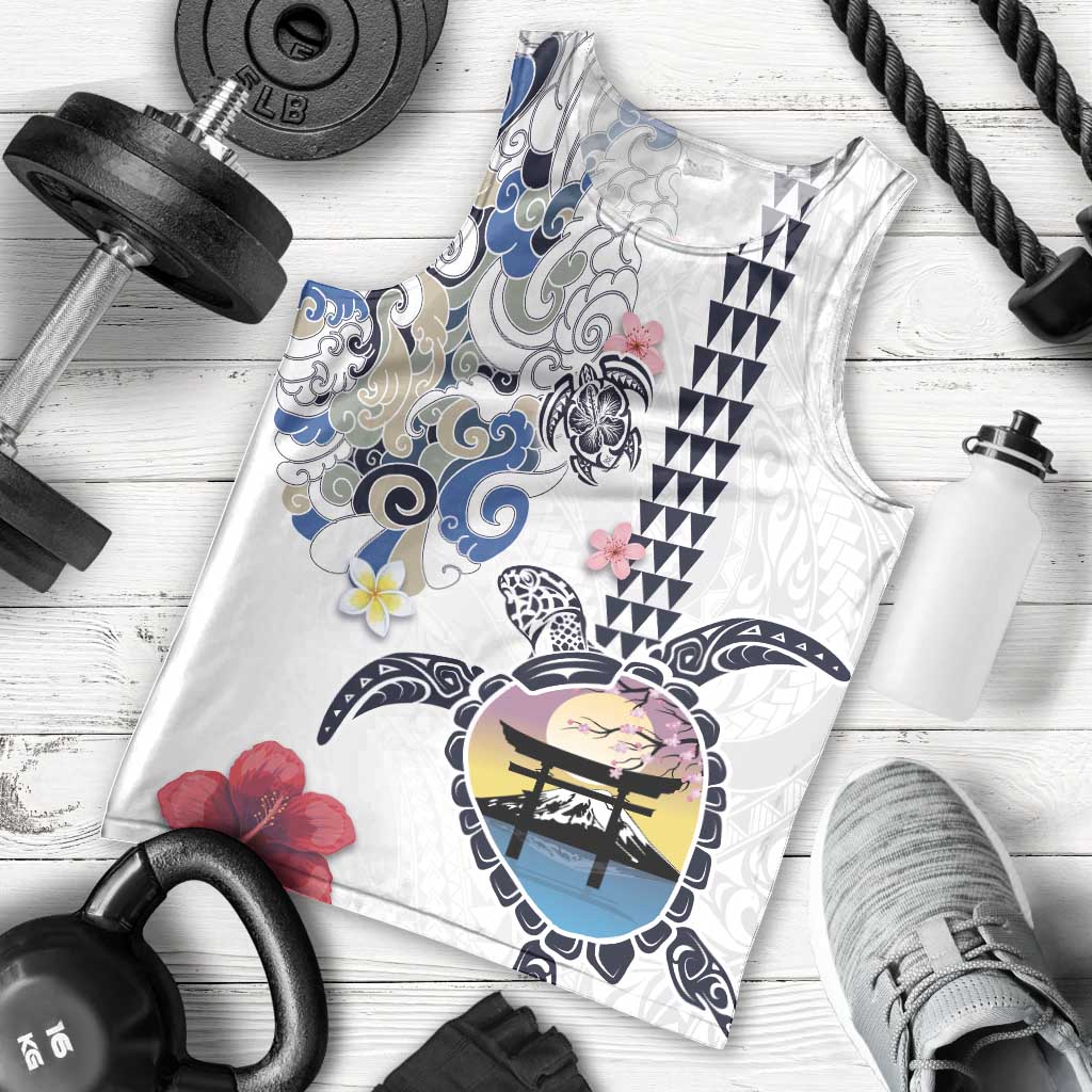 Hawaiian and Japanese Together Men Tank Top Japanese Culture and Turtle Kakau Tattoo White Color LT03 - Polynesian Pride