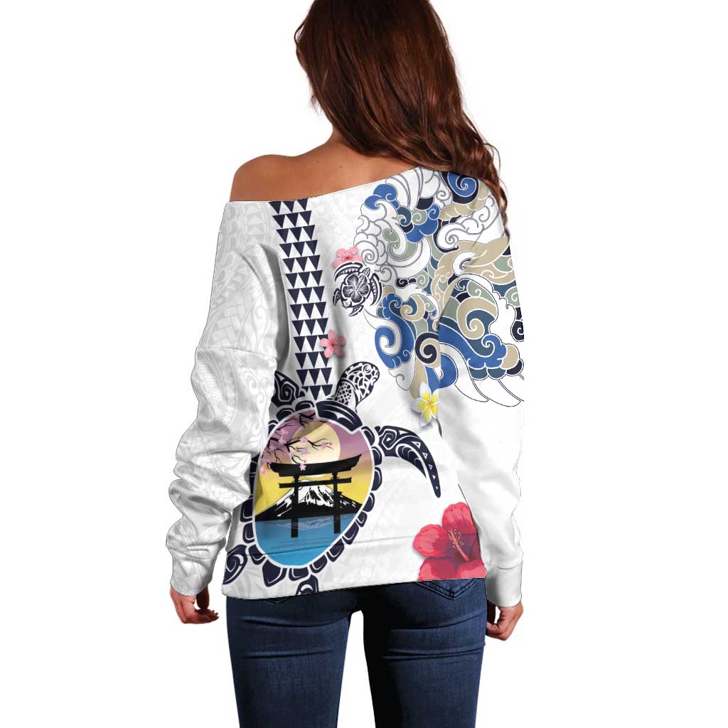 Hawaiian and Japanese Together Off Shoulder Sweater Japanese Culture and Turtle Kakau Tattoo White Color LT03 - Polynesian Pride