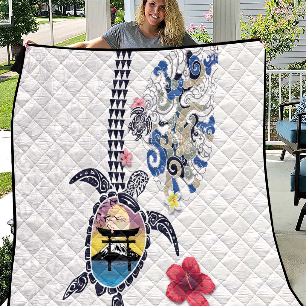 Hawaiian and Japanese Together Quilt Japanese Culture and Turtle Kakau Tattoo White Color LT03 White - Polynesian Pride