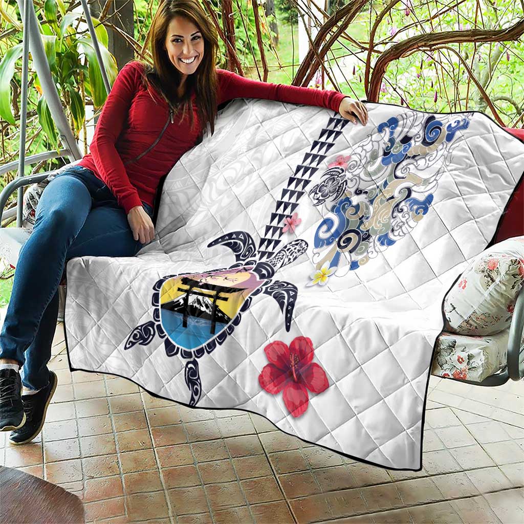 Hawaiian and Japanese Together Quilt Japanese Culture and Turtle Kakau Tattoo White Color LT03 - Polynesian Pride