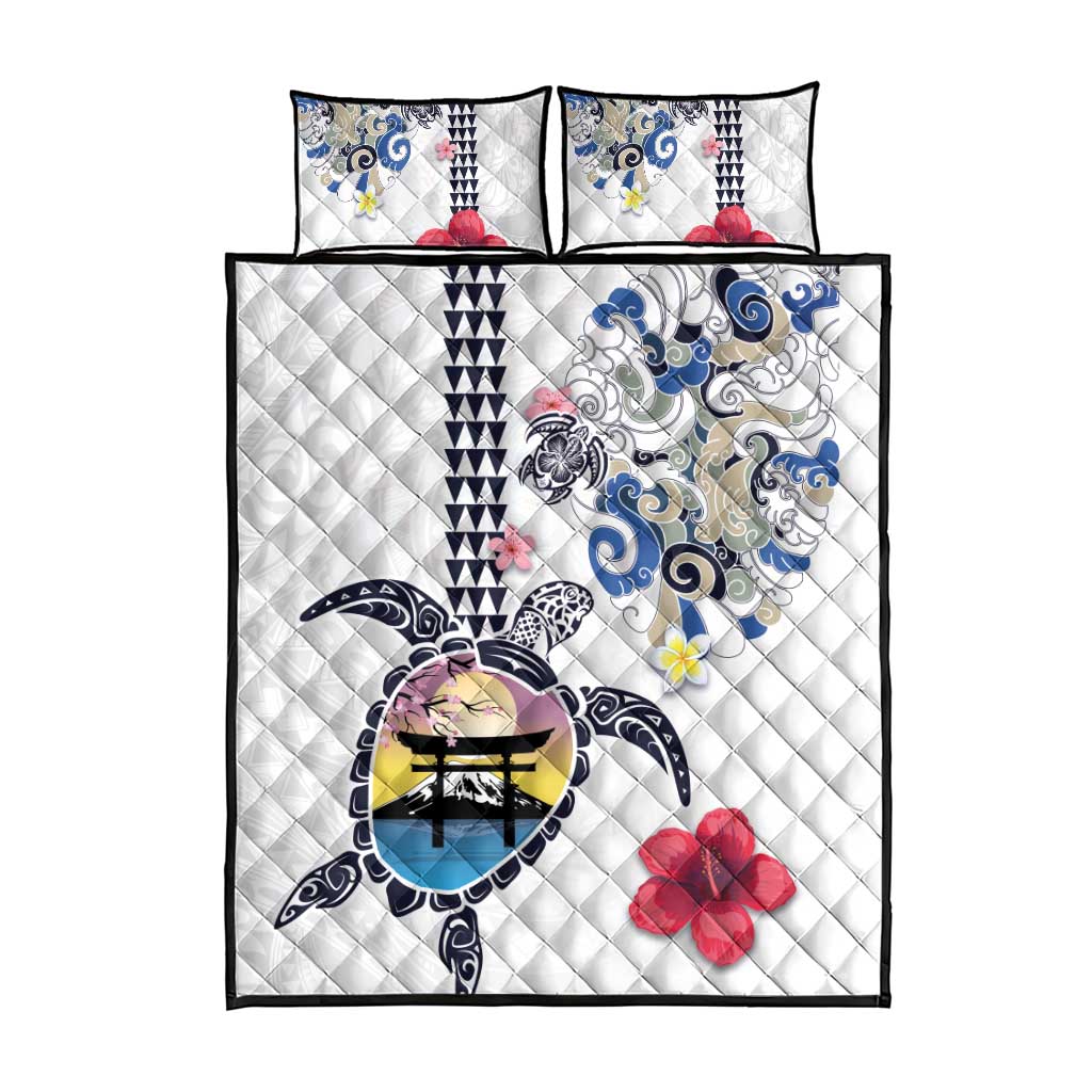 Hawaiian and Japanese Together Quilt Bed Set Japanese Culture and Turtle Kakau Tattoo White Color LT03 - Polynesian Pride