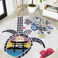 Hawaiian and Japanese Together Round Carpet Japanese Culture and Turtle Kakau Tattoo White Color LT03 White - Polynesian Pride