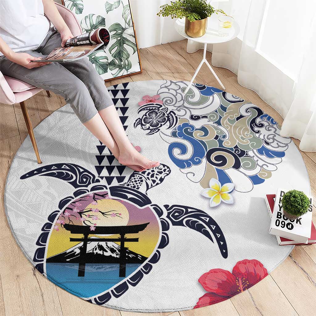 Hawaiian and Japanese Together Round Carpet Japanese Culture and Turtle Kakau Tattoo White Color LT03 - Polynesian Pride