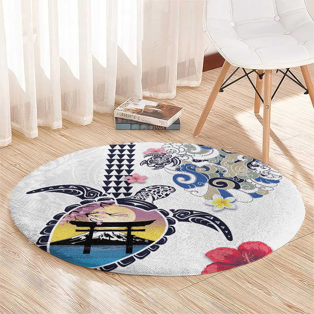 Hawaiian and Japanese Together Round Carpet Japanese Culture and Turtle Kakau Tattoo White Color LT03 - Polynesian Pride