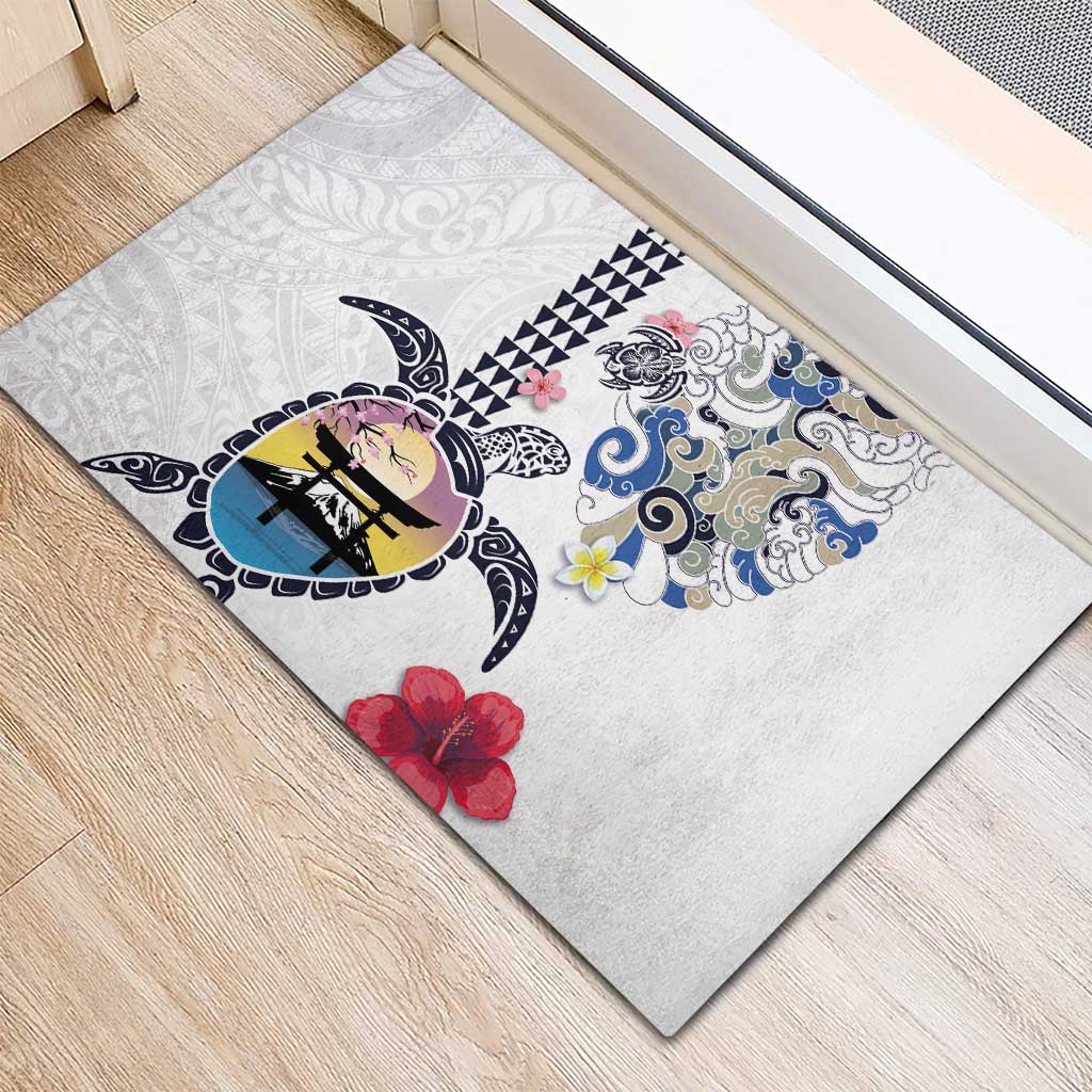 Hawaiian and Japanese Together Rubber Doormat Japanese Culture and Turtle Kakau Tattoo White Color LT03 - Polynesian Pride