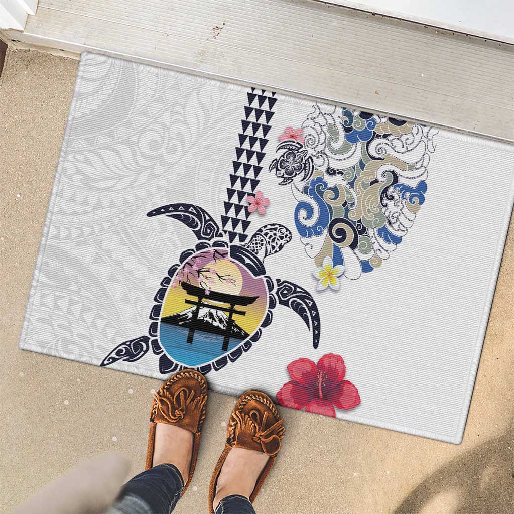 Hawaiian and Japanese Together Rubber Doormat Japanese Culture and Turtle Kakau Tattoo White Color LT03 - Polynesian Pride
